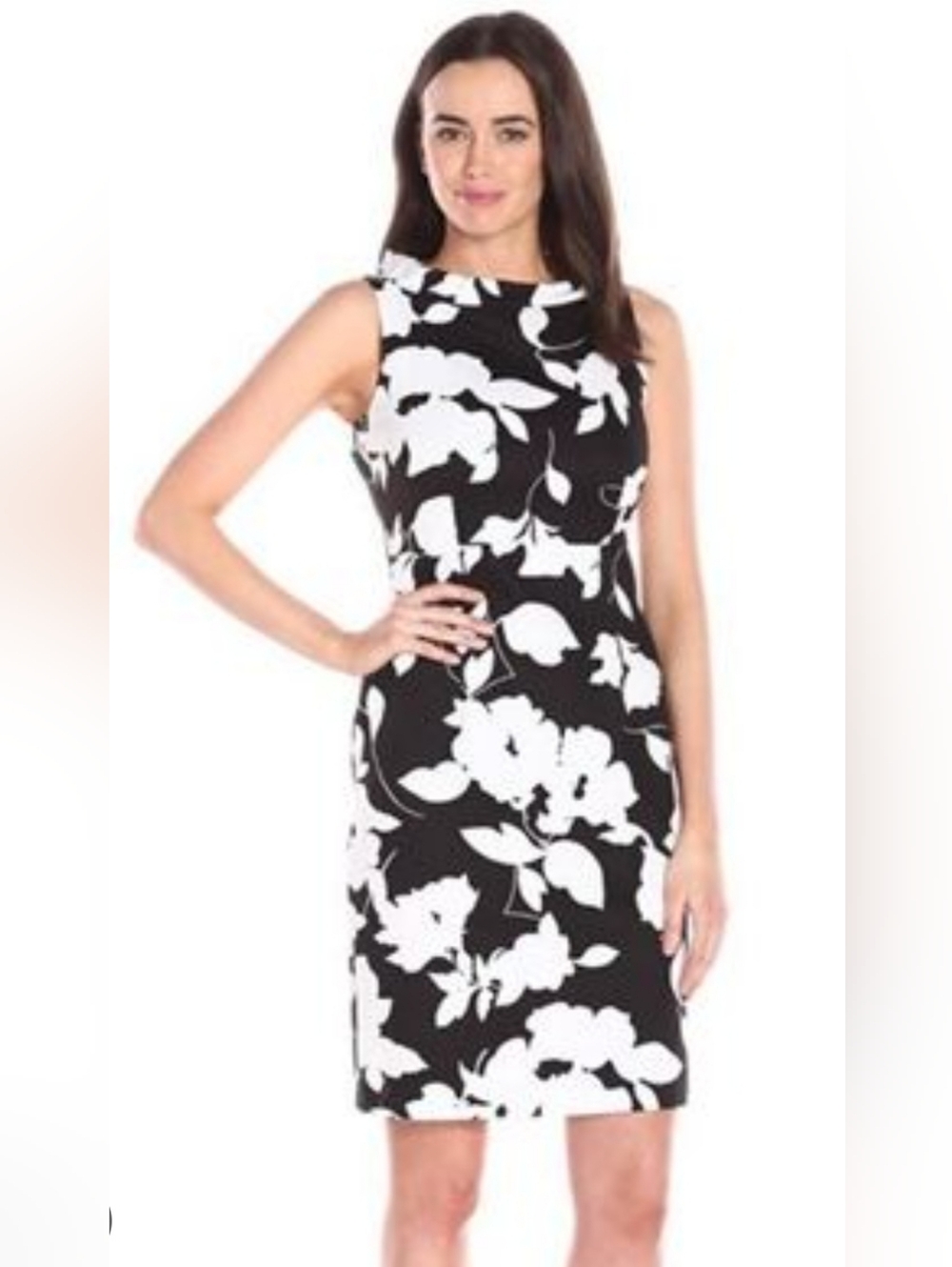Size 6  Calvin Klein Sleeveless Black & White Floral Sheath Dress Retail 134$